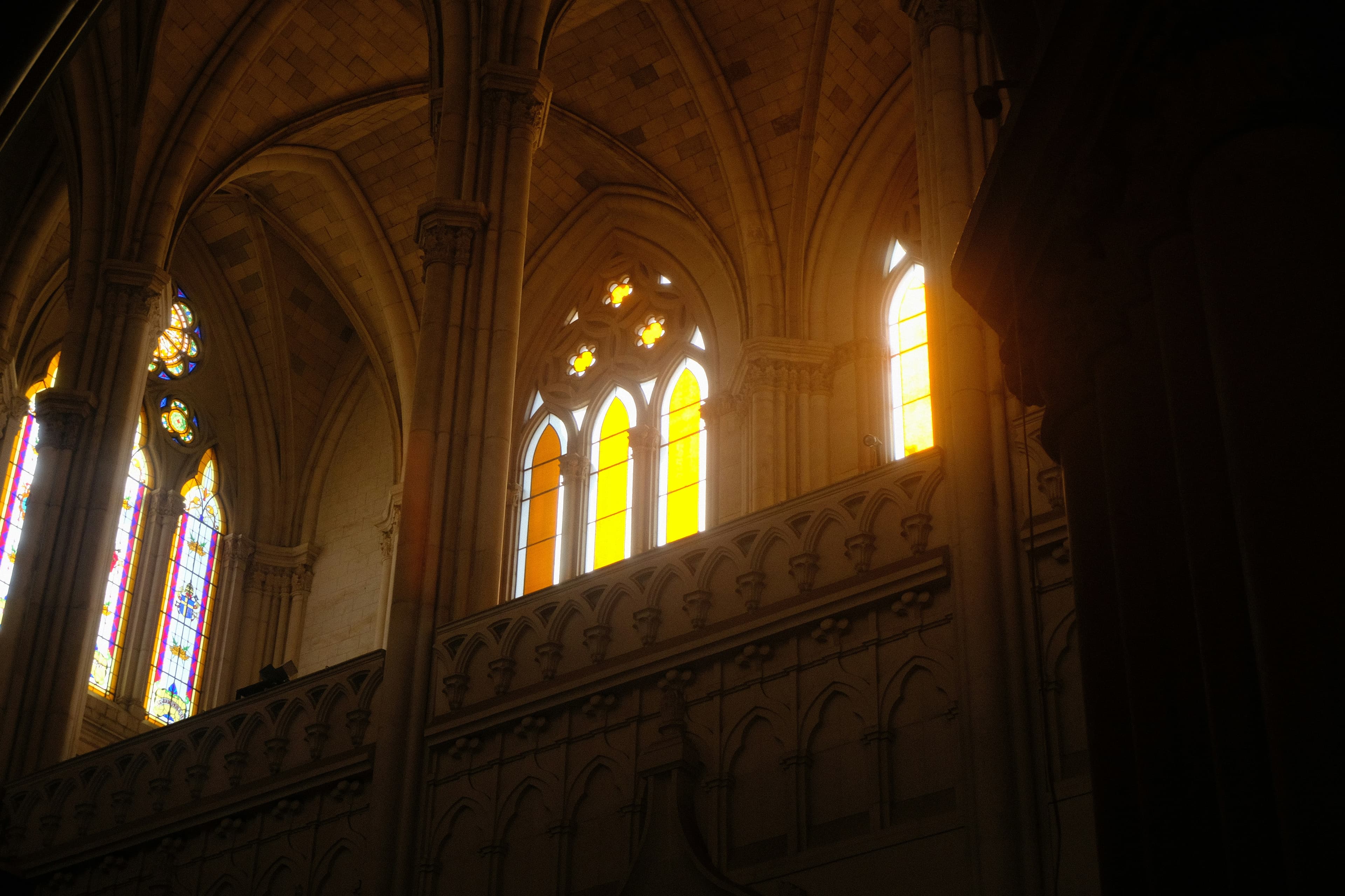 Golden light streaming through Gothic stained glass windows inside a cathedral